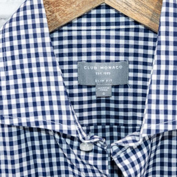 Club Monaco Men's Slim Fit Button up Shirt in Blue ginham check size Small - Picture 2 of 5